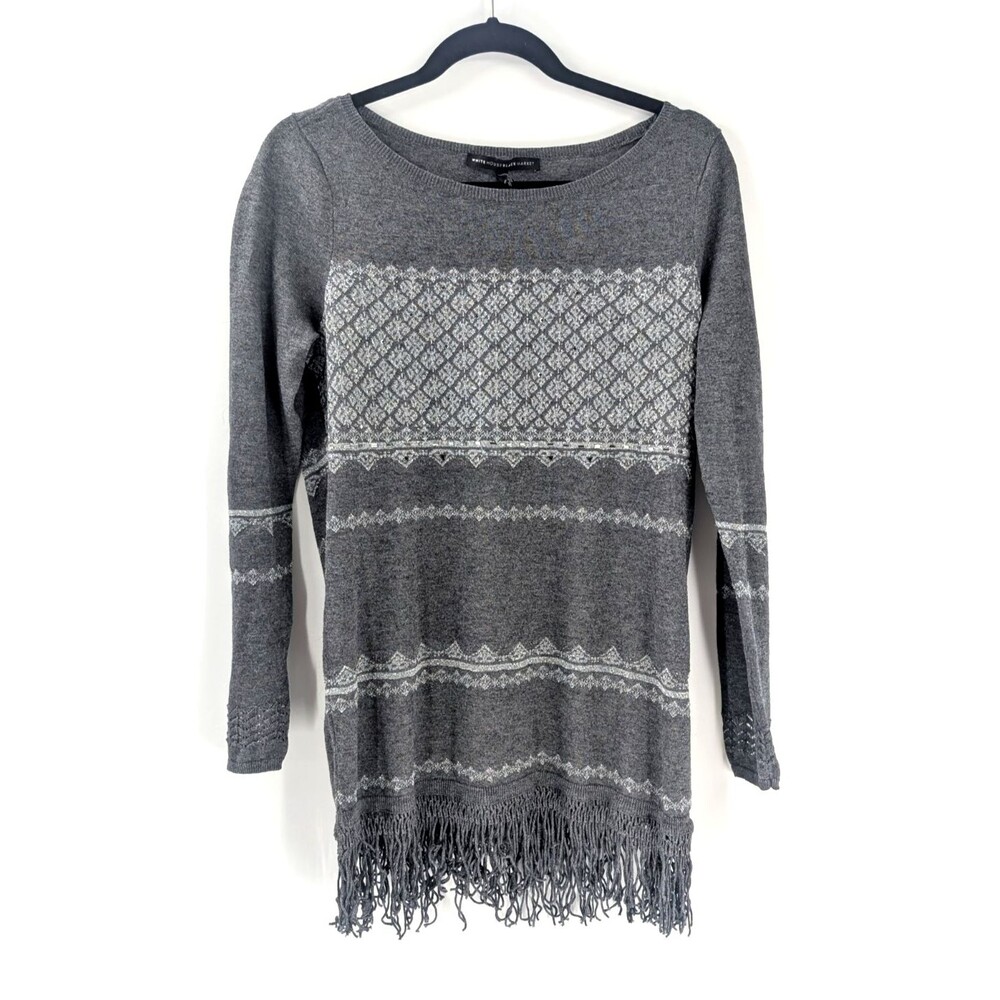 White House Black Market Grey Metallic Sequin Fringe Tunic Sweater Dress Size M